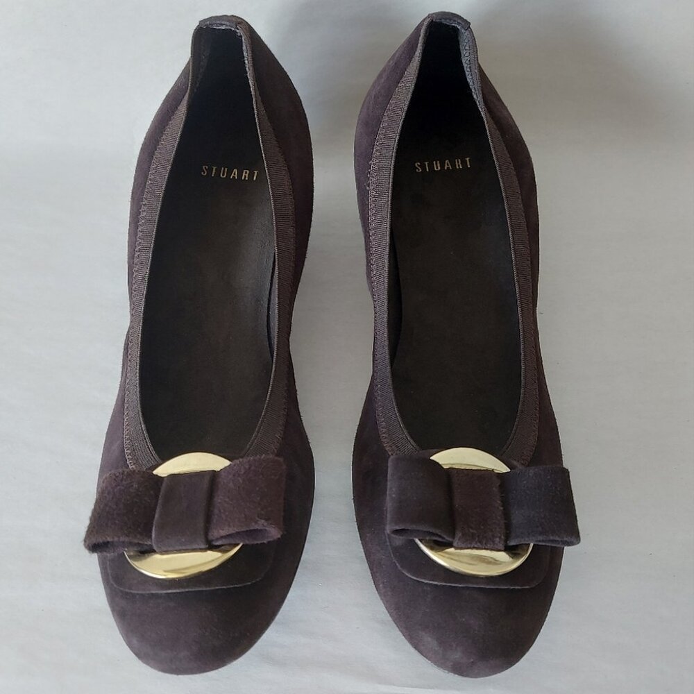 Stuart Weitzman Beaudelair Retro Suede Wedge Pump Size 8 Bow Low Heel Slip-on - Picture 2 of 13